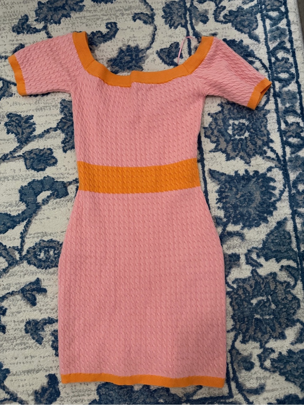 Pink Knit Bodycon Dress with Orange Trim